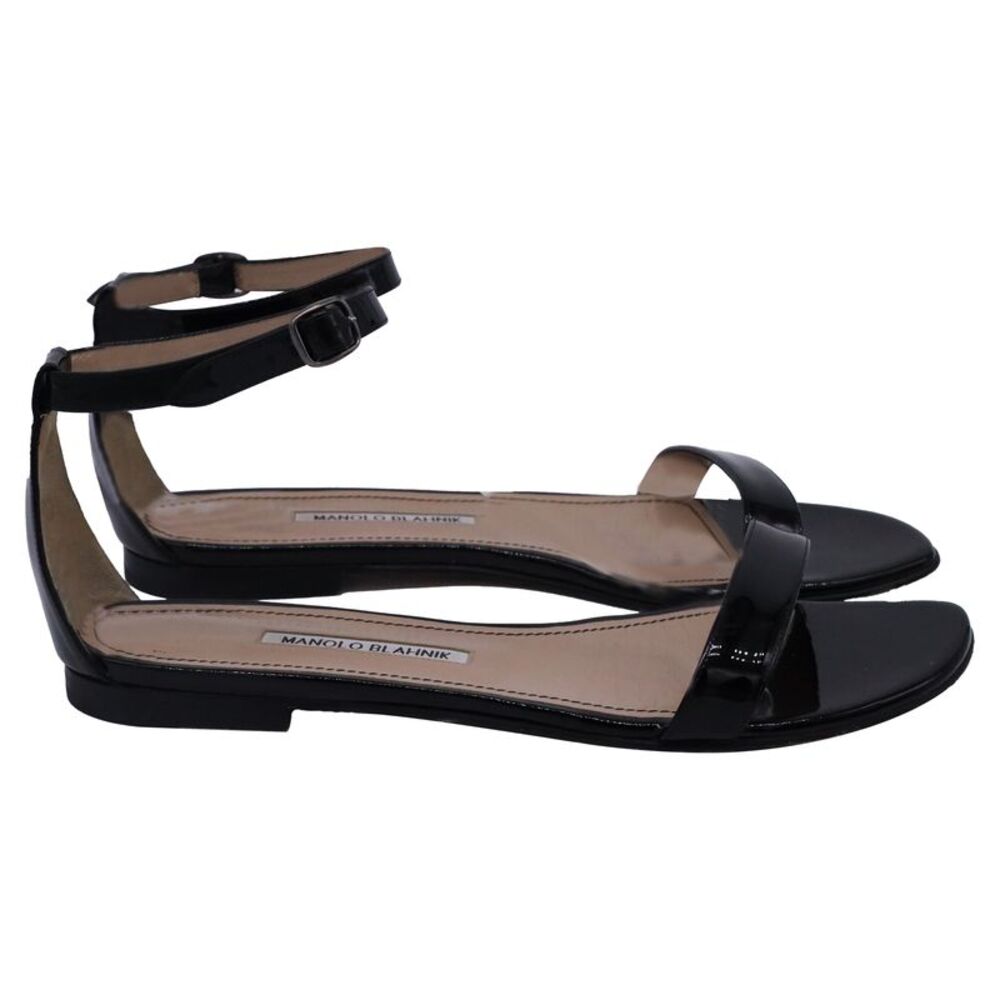 Manolo Blahnik Chafla Flats Sandals in Black Patent Leather